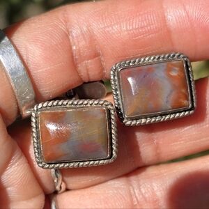 Special petrified wood 925 sterling silver cufflinks vintage handcrafted